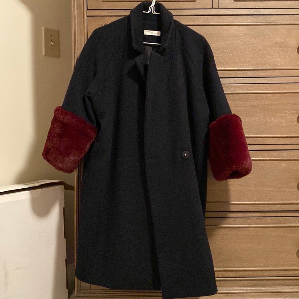 Navy oversize handmade coat with burgundy fur sleeves